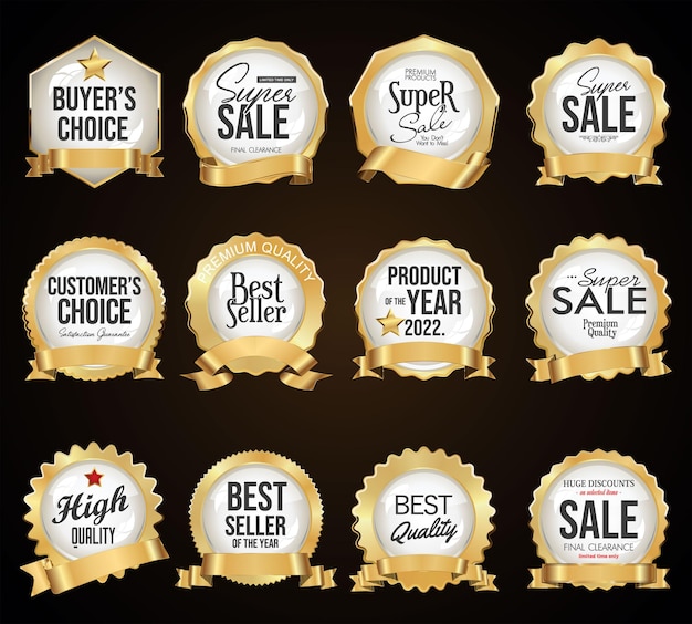 Collection of gold and white super sale badges and labels