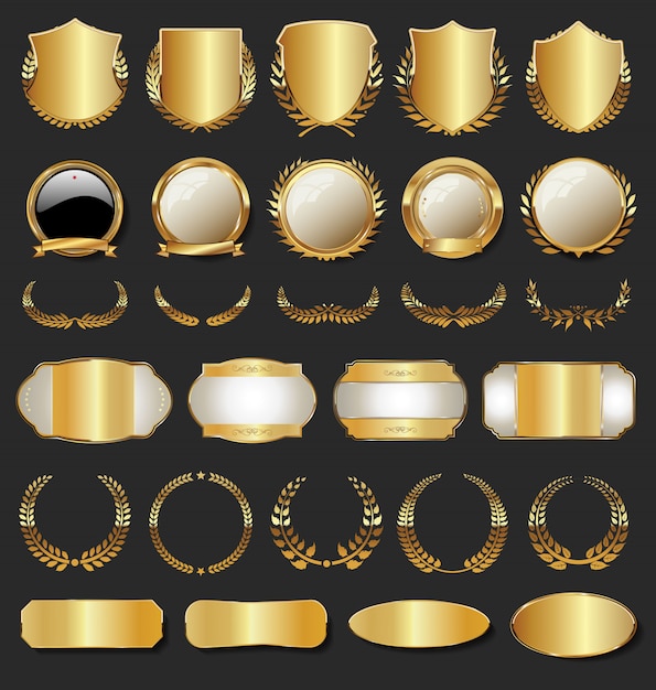 Vector collection of golden badges labels laurels shield and metal plates