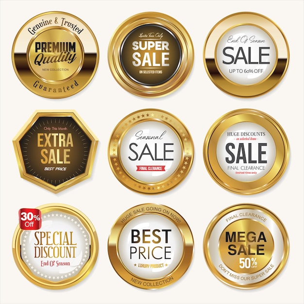 Collection of golden badges and labels retro style