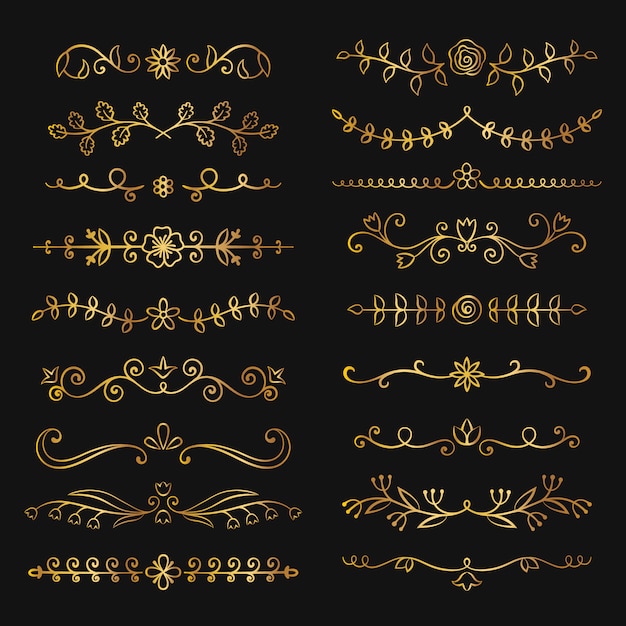 Vector collection of golden hand drawn flourish text dividers.