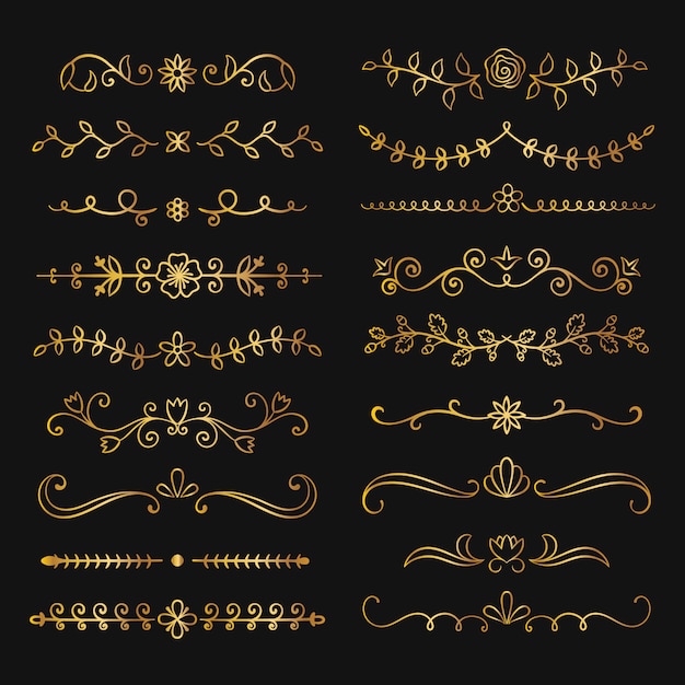 Collection of golden hand drawn flourish text dividers