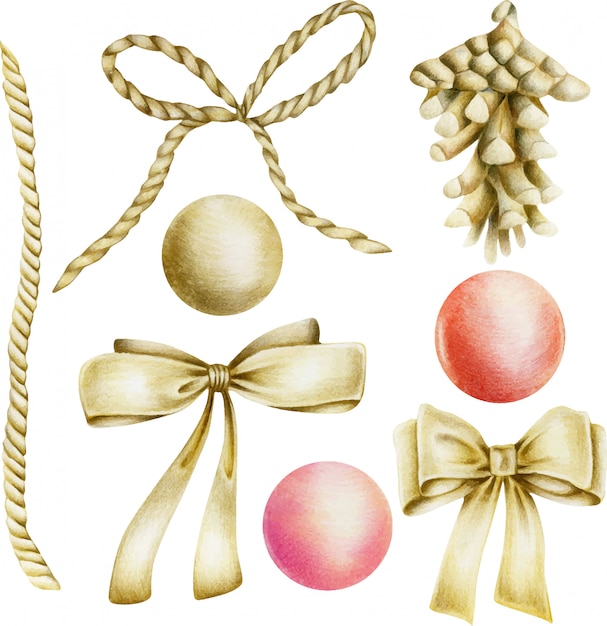 Collection of golden items (bows, fir cone, balls)