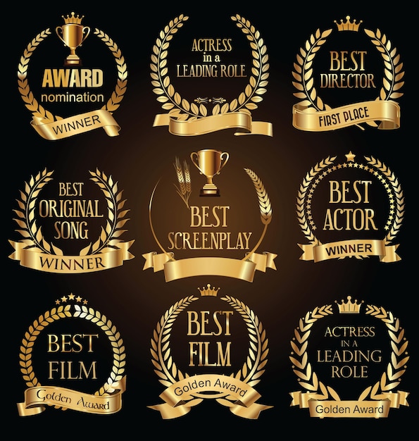 Vector collection of golden label with laurel wreath film award luxury template design