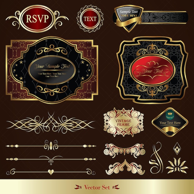 A collection of golden labels and badges illustration for wedding and certificate