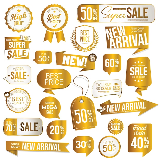 Collection of golden premium badge stickers and seals