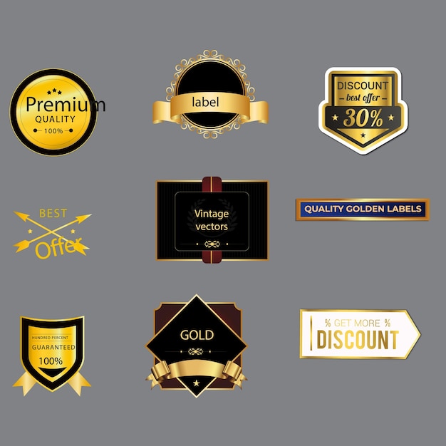 Collection of golden premium promo sealsstickers isolated vector illustration