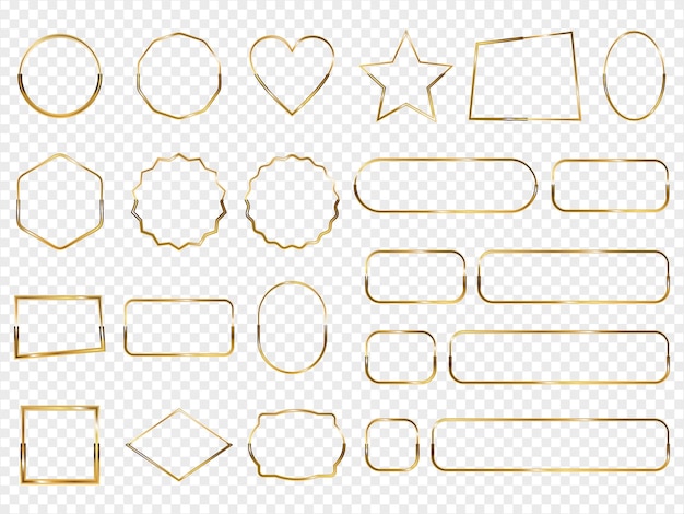 Collection of golden shiny frame set isolated on transparent background vector