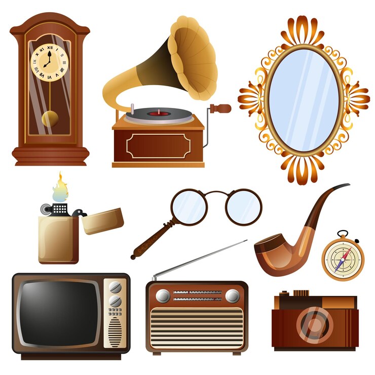 Vector collection of golden vintage accessories and antique objects