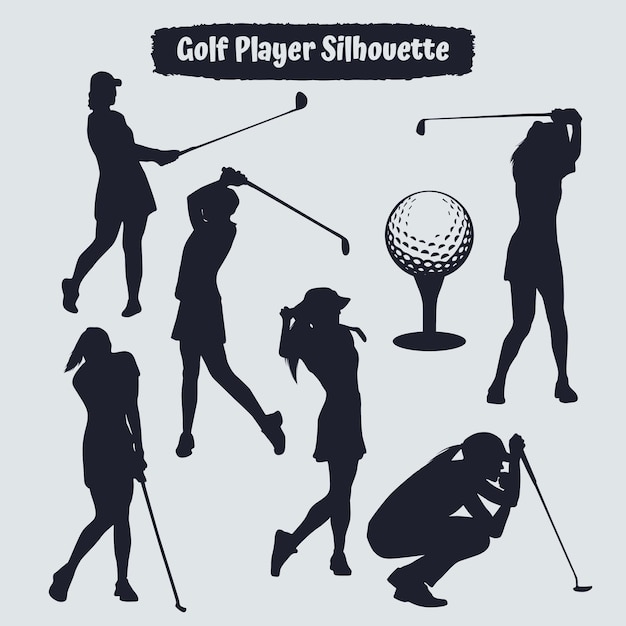 Collezione di sagome femminili di giocatori di golf in diverse pose