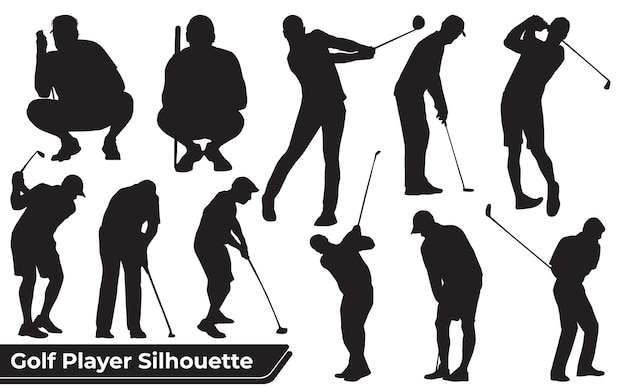 Vettore collezione di sagome maschili di giocatori di golf in diverse pose