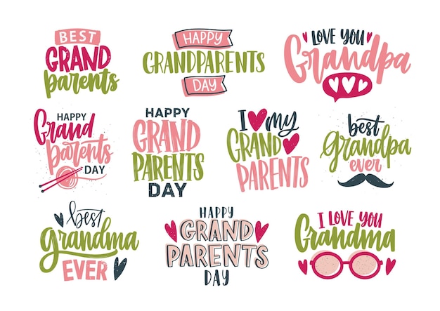 Vector collection of grandparents day lettering isolated on white background. bundle of elegant festive inscriptions handwritten with beautiful calligraphic fonts. colorful decorative vector illustration.