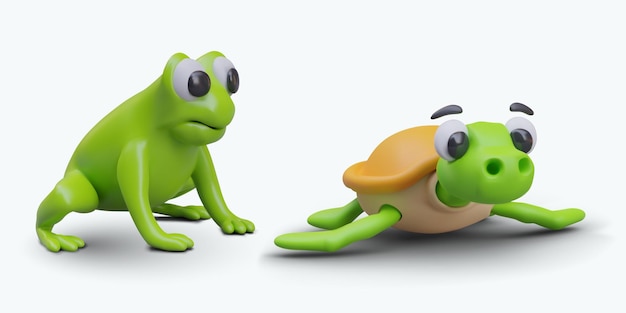 Collection of green frog and turtle Cartoon frog sitting and ready to jump