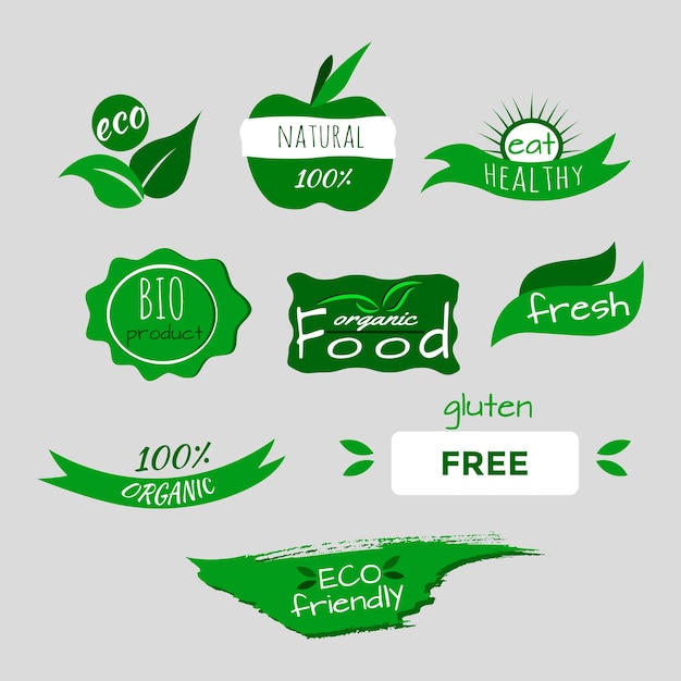 Collection of green isolated stamps flat icons set eco friendly bio product healthy fresh food 100 organic label tag stickers