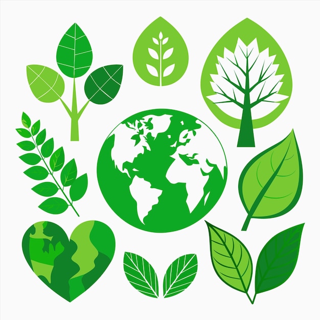 a collection of green leaves and a world map with the world on it