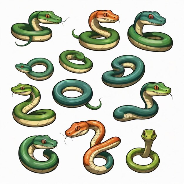 Vector a collection of green and orange snakes with the number 0 on them