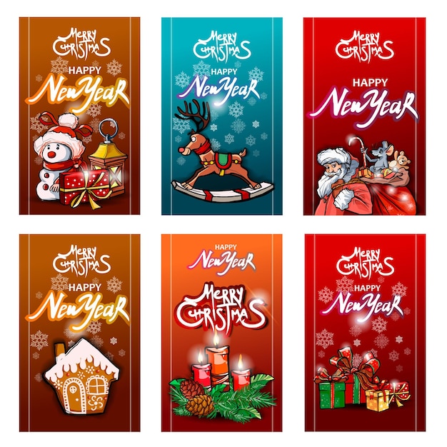 Collection greeting cards Christmas toys and Merry Christmas text flat vector banners. New year accessories on red, blue and custom background. Decorative toys, balls, Santa, snowman, cake, gift box.