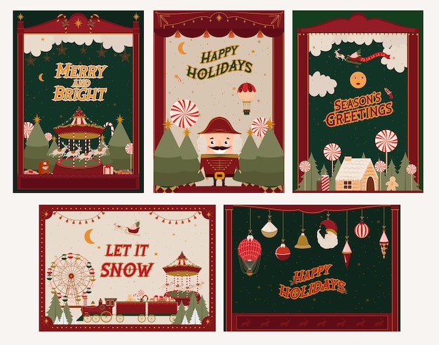 Collection of greeting cards for Merry Christmas with fairs and holidays elements. Seasons Greetings