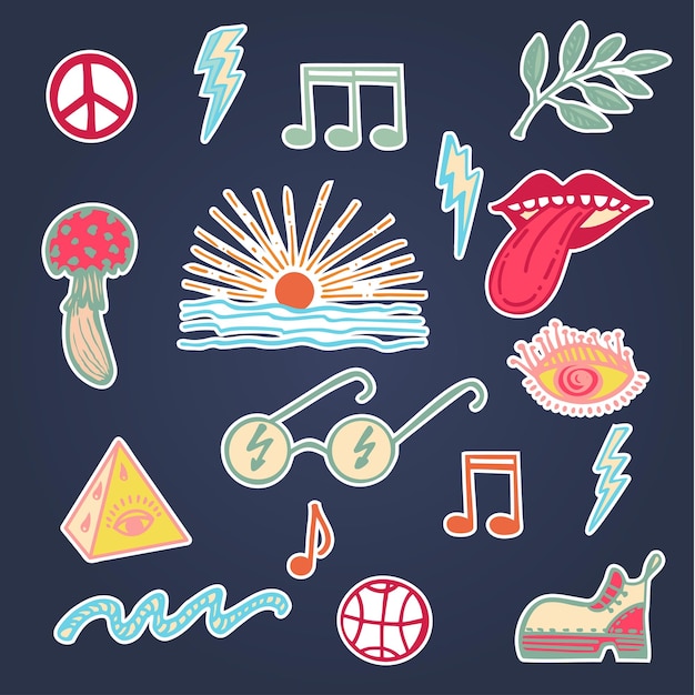 Collection of groove psychedelic elements Retro design of hipster icons Doodle style graphic Vintage trippy cartoon Color stickers on isolated background 60s 70s 80s 90s trendy vector illustration