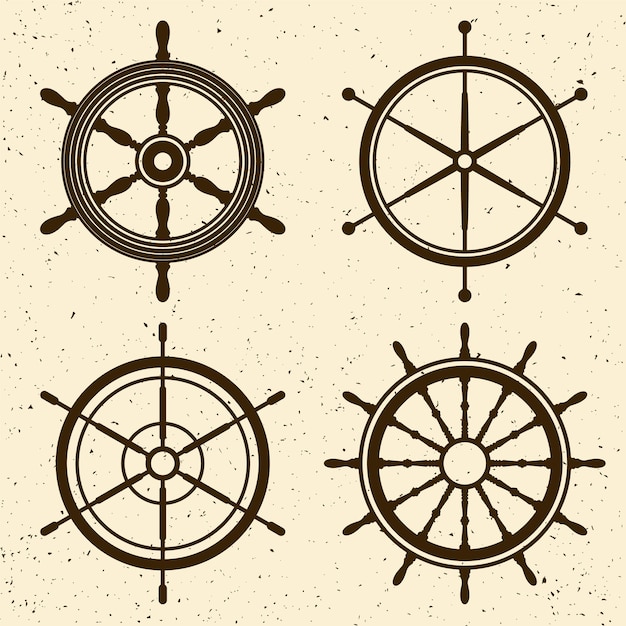 Collection of grunge vintage steering wheels ship yacht retro wheel symbol nautical rudder icon