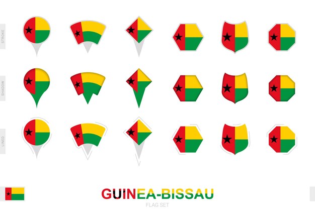 Collezione della bandiera della guinea-bissau in diverse forme e con tre effetti diversi