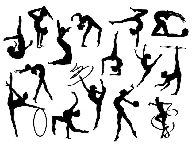 Vector collection of gymnasts performing various tricks with sports equipment.