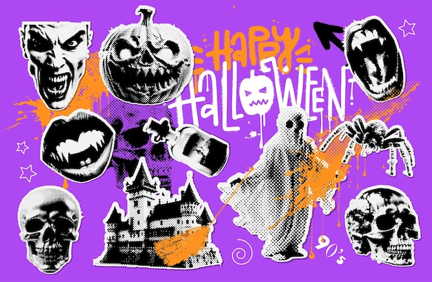 Collection of halftone halloween paper collage stickers vector illustration with pumpkin ghost skull