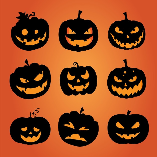 Vector collection of halloween black pumpkin faces