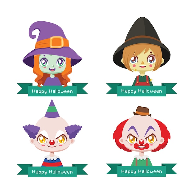 Collection of Halloween characters with banners