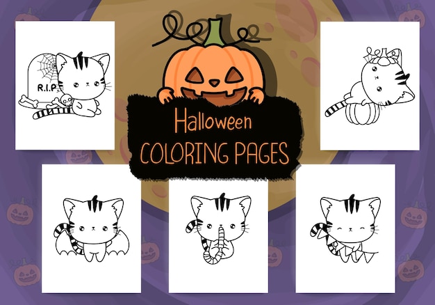 Raccolta di pagine da colorare di halloween. raccolta di kawaii outline halloween kitten.