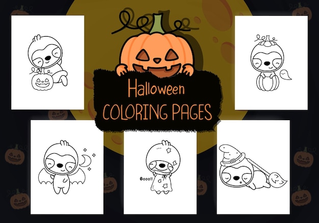 Raccolta di pagine da colorare di halloween. collezione di kawaii outline halloween sloth.