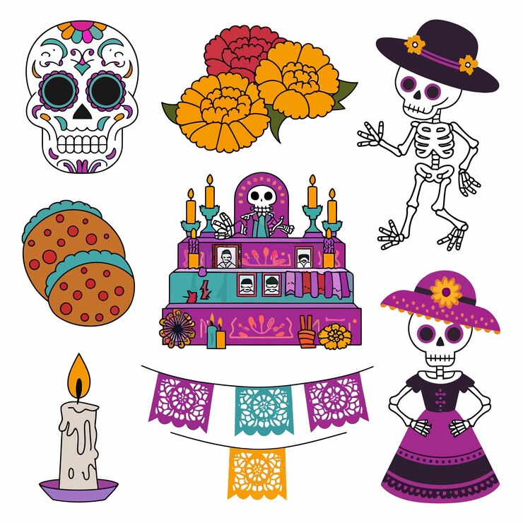 a collection of halloween items including a cake with a skull and a hat with a skull on it