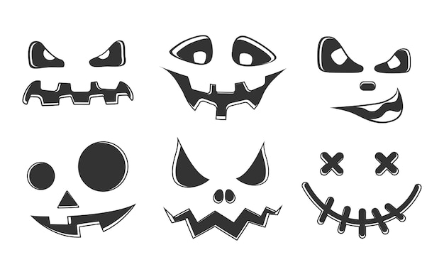 Vector collection of halloween pumpkins carved faces silhouettes