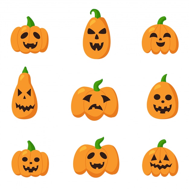 Collection of halloween pumpkins with spooky faces.