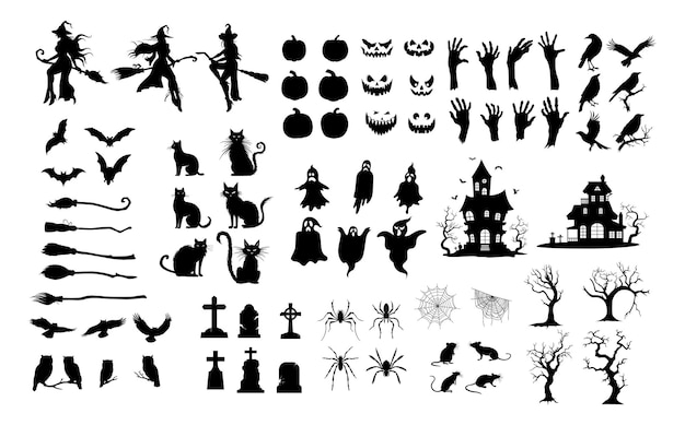 Vettore collezione di icone e personaggi della silhouette di halloween disegnati a mano