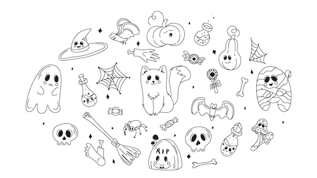 Collection of halloween silhouettes icon and character set of elements for halloween doodles set