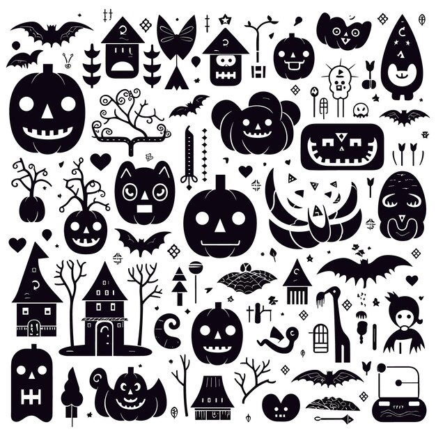 Vettore collezione di silhouette di halloween, icone e personaggi