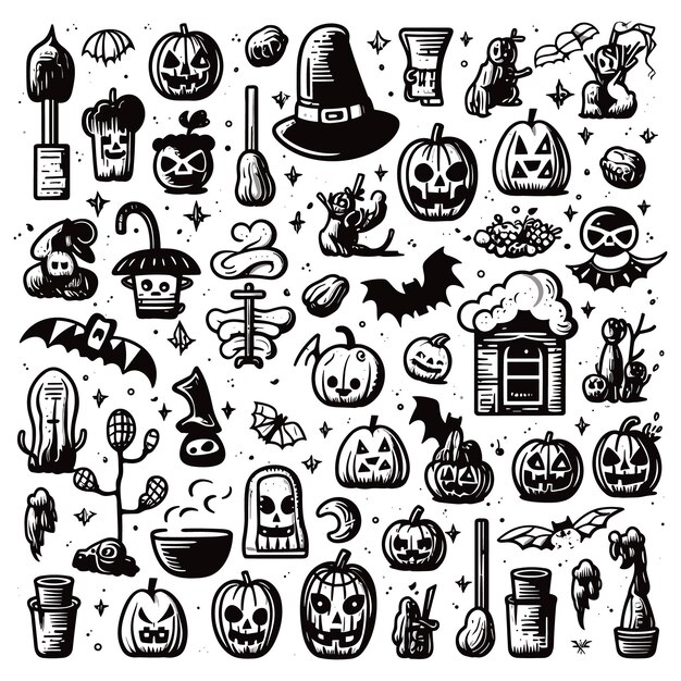 Vettore collezione di silhouette di halloween, icone e personaggi