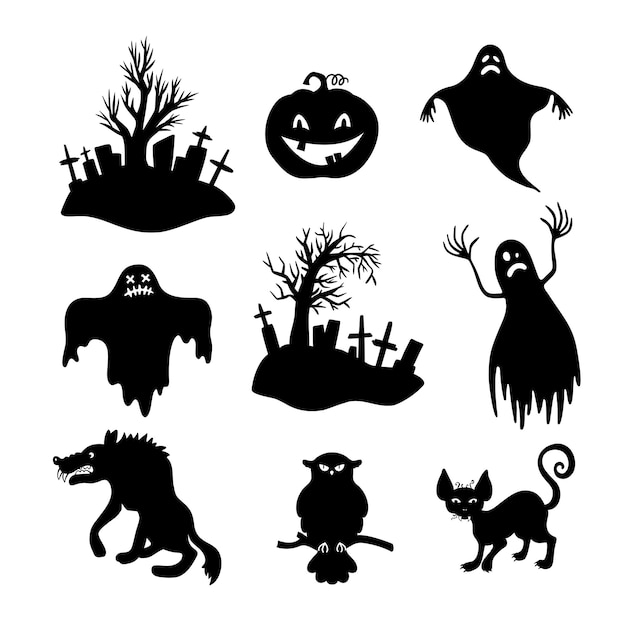 Collection of halloween silhouettes Pumpkin cat wolf owl ghost and tree among the tombstones Vector