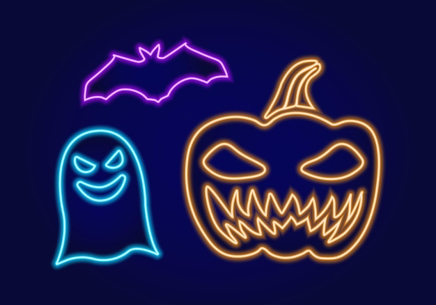 Raccolta del simbolismo di halloween pipistrello fantasma al neon e zucca linee al neon