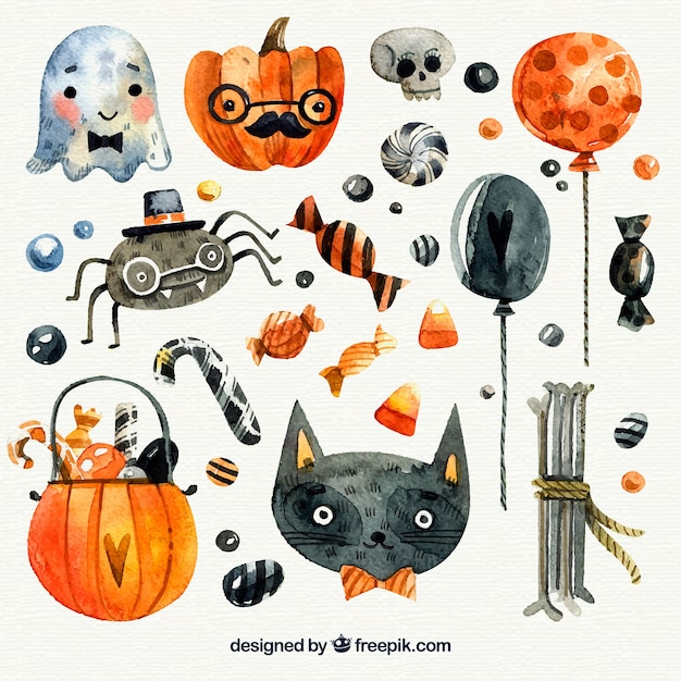 Vector collection of halloween watercolor elements