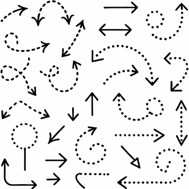 固い線や点線を含む様々なスタイルの手描きの矢のコレクション