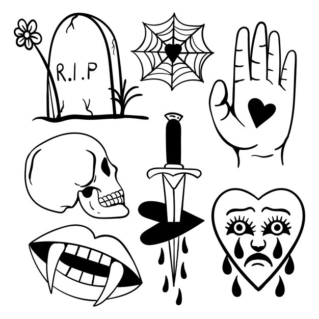 Vector collection of hand drawn black and white vintage tattoo free vector