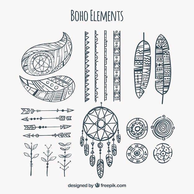 Collection of hand drawn boho elements
