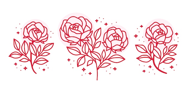 Collection of hand drawn botanical pink rose floral elements for feminine beauty logo