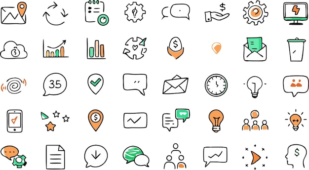 collection of hand-drawn business communication and technology icons