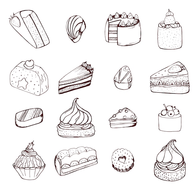 Vector collection of hand drawn cakes and chocolate candies