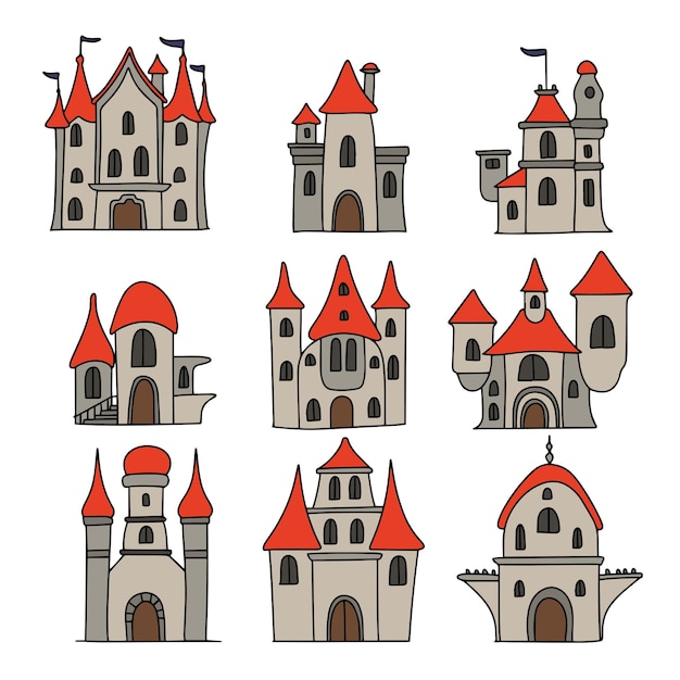 Collection of hand drawn castle isolated on white background Set of doodle castle icons Vector