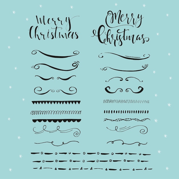 Vector collection of hand drawn christmas borders with lettering. cute and unique ink swirls and dividers for your design. vector.