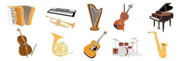 Коллекция цветных музыкальных инструментов, нарисованных вручную, аккордеонная труба, арфа, скрипка, фортепиано, виолончель