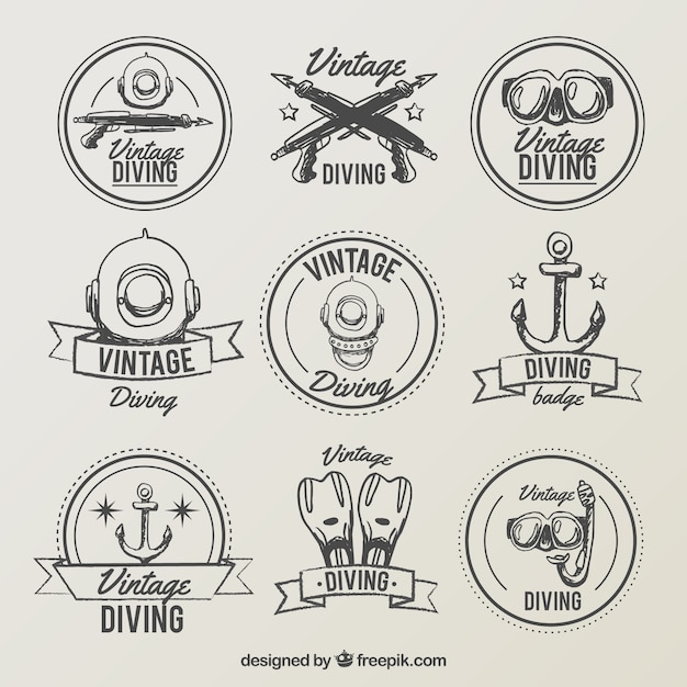 Vector collection of hand drawn diving vintage label